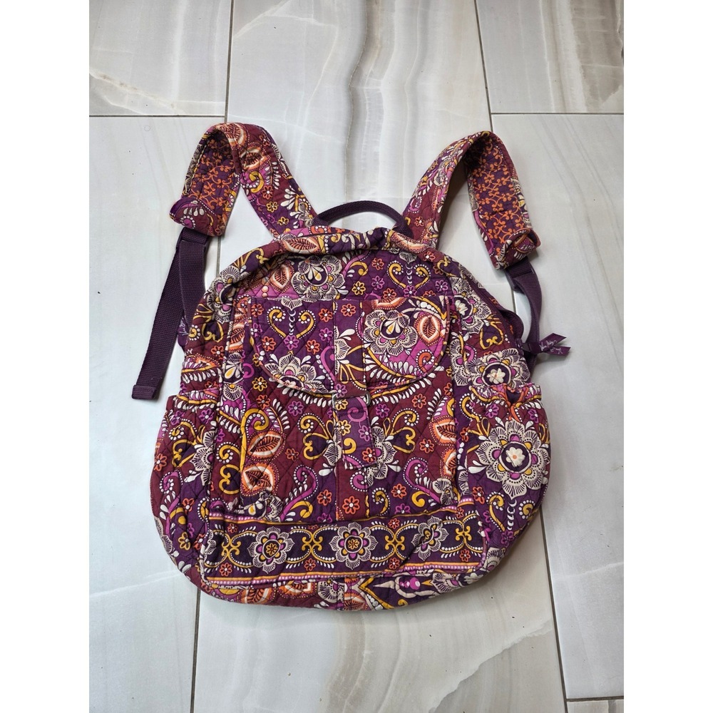 Vera Bradley Quilted Backpack Purple Floral Paisley Cotton Adjustable Straps E1